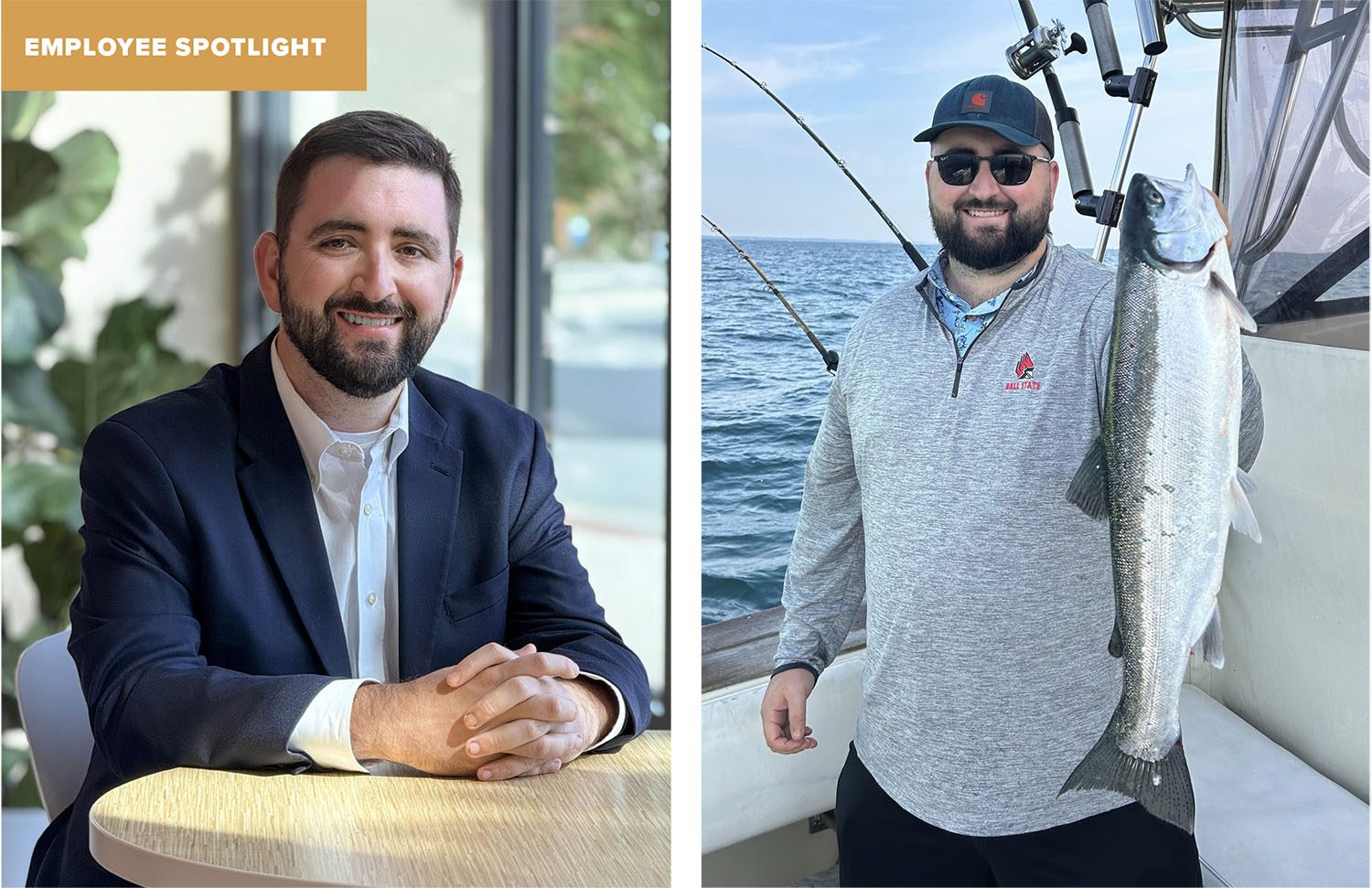 Before and after photo of Grant Small showing his 110-pound weight loss after one year of improved diet, exercise, and daily routine.